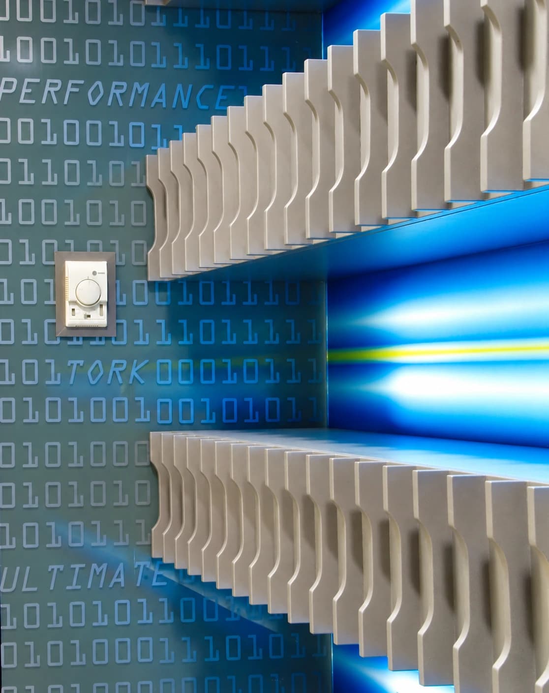 D-Point Showroom — Mayadrom: Detail of the blue illuminated surface and vertical elements